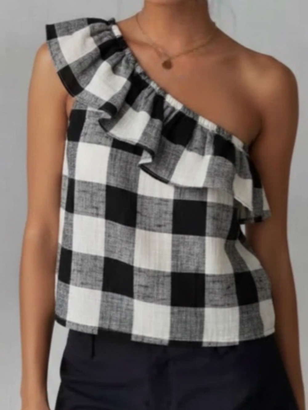 Sweet Wanderer Black White Gingham One Shoulder Ruffle Top M